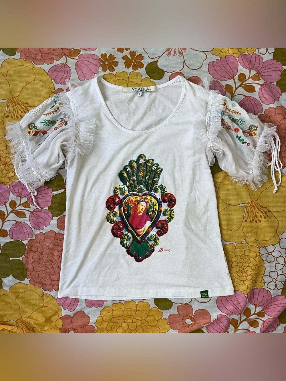 Rare Barok Paris NJ Couture Euro Beaded Frida Kahlo Art Print Shirt